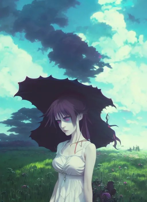 Image similar to portrait of gothic alice from wonderland, cloudy sky background lush landscape illustration concept art anime key visual trending pixiv fanbox by wlop and greg rutkowski and makoto shinkai and studio ghibli