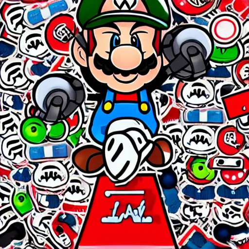 Image similar to svg sticker of a Pop-Wonder SuperMario, Mario-Wearing-a-red-hat, at a rave, spinning records, giant headphones rocking out, wearing headphones, huge speakers, dancing, rave, DJ, spinning records, digital art, amazing composition, rule-of-thirds, award-winning, trending on artstation, featured on deviantart