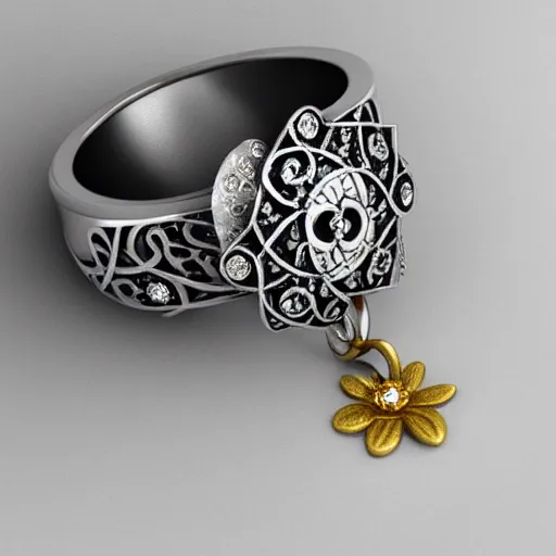 Image similar to intricate!! nordic ring and necklace and ear, silver and gold and diamond, isolated on a white background and a flower in the background, refraction, occlusion, filigree, lower and upper levels, keyshot render, octane render, vray render