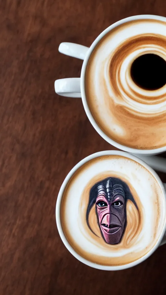 Image similar to a mug of coffee with a portrait of jar jar binks in it. style of latte foam art. color harmony, 8 k detail, gallery quality, hd wallpaper, premium prints available, hyper - detailed, intricate design.