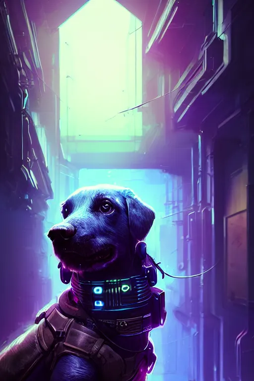 Image similar to a beautiful portrait of a cute cyberpunk dog by greg rutkowski and wlop, purple blue color scheme, high key lighting, volumetric light, digital art, highly detailed, fine detail, intricate, ornate, complex, octane render, unreal engine, photorealistic