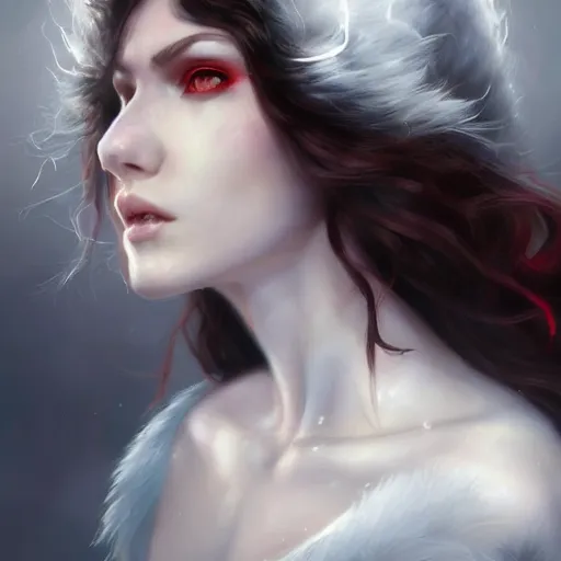 Image similar to a portrait of a ice queen with long dark curly hair and red eyes, stoic, pale skin, alone dramatic, epic painting, painted by artgerm and wlop, cgsociety, beautiful, artbreeder, artstation, octane render, sharpness, 8 k, golden ratio