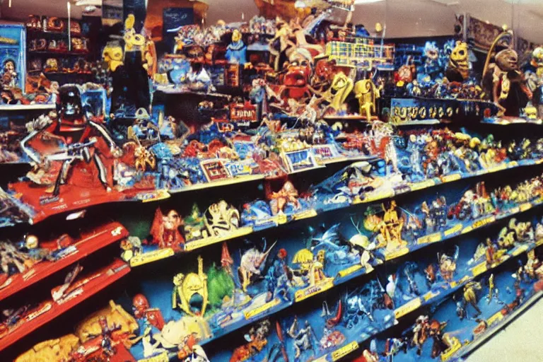 Prompt: autochrome photo of vintage star wars toy aisle, detailed, realistic, toy store