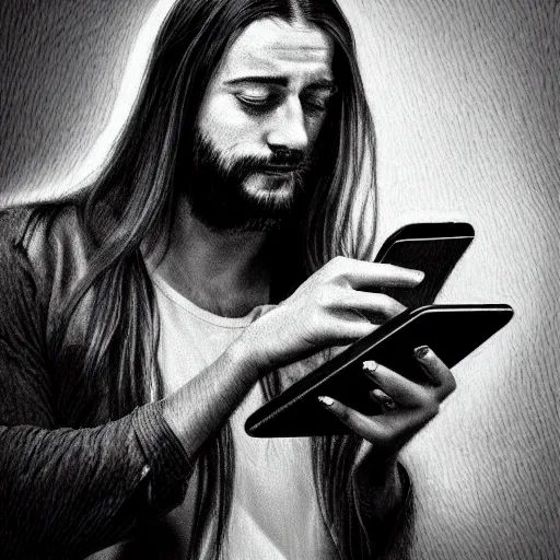 Image similar to man with long hair looking at his phone, digital art, highly detailed, high contrast, beautiful lighting, award winning, trending on art station, photorealistic, 8 k,