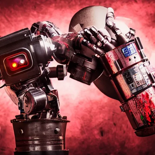 Prompt: bloody fight between robot and photographer, robot win, realistic, detailed,