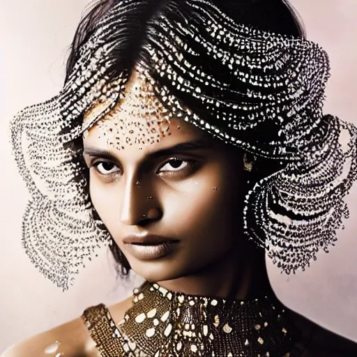 Image similar to full shot of a regal brown - skinned south asian woman wearing an intricate and detailed armor made of dew drops. dew drops around eyes. refracted light. morning dew. delicate. translucent. haunting eyes. vulnerable. fragile. ethereal. refracted light. by ray caesar. by louise dahl - wolfe. surreal photography.