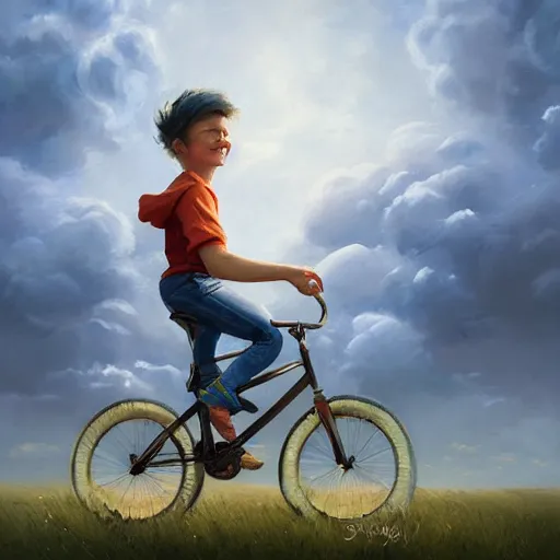 Image similar to A whimsical painting of a boy riding a bicycle in the sky, flying through the clouds, digital art, artstation, Mandy Jurgens, CGSociety, WLOP