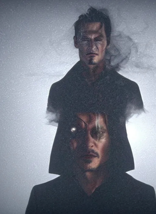 Image similar to screenshoot from david lynch weird movie, face centered portrait of johnny depp in matrix movie, confident, fog, rain, volumetric lighting, beautiful, golden hour, sharp focus, ultra detailed, cgsociety by leesha hannigan, ross tran, thierry doizon, kai carpenter, ignacio fernandez rios, noir photorealism, film