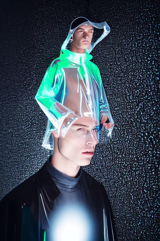 Image similar to an ultra high definition professional high fashion portrait studio full length photograph of a male model wearing a transparent pearlescent raincoat and neon visor in an icelandic black rock environment at dawn. no artefacts. extremely detailed. stark. refraction. shallow depth of field. volumetric light and shadow. ray tracing. light rays.