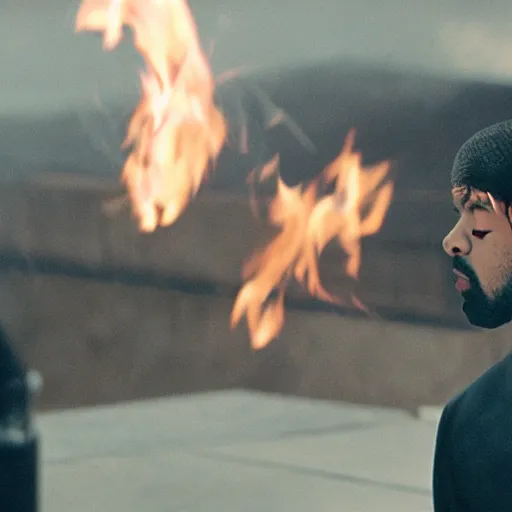 Prompt: cinematic film still of Drake starring as a Japanese Sensei with fire, Japanese CGI, VFX, 2022, 40mm lens, shallow depth of field, film photography