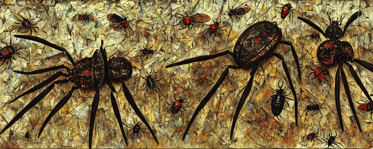 Image similar to strange giant insects, beetles and flies, swarming in a cornfield, oil painting by max ernst and anselm kiefer, decay, mixed media, textured, sharp focus, highly detailed, photographic emulsion cracked and peeling, rust, cinematic lighting, 8 k, hd