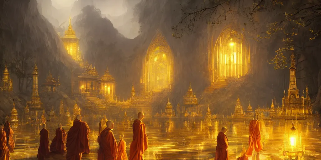 Image similar to a fantasy golden temple city, light shafts, golden aura, monks in robes, epic atmosphere, by greg rutkowski, nature by asher brown durand