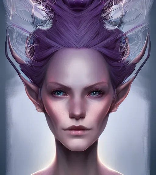 Image similar to A detailed digital art head on symmetrical fanart portrait of a distinguished elven woman with two colored hair by Charlie bowater and lise deharme wlop, critical role