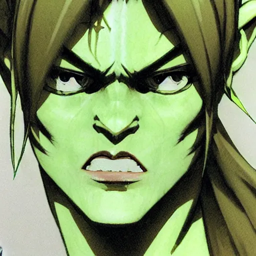 Image similar to character portrait of a green orc female, light green tone beautiful face by yoji shinkawa