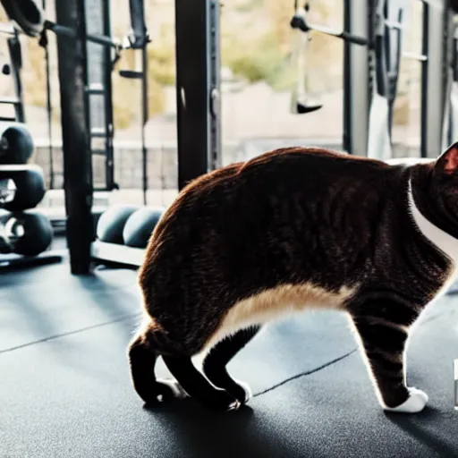 Image similar to very fat cat doing exercise at the gym, photorealistic, hd