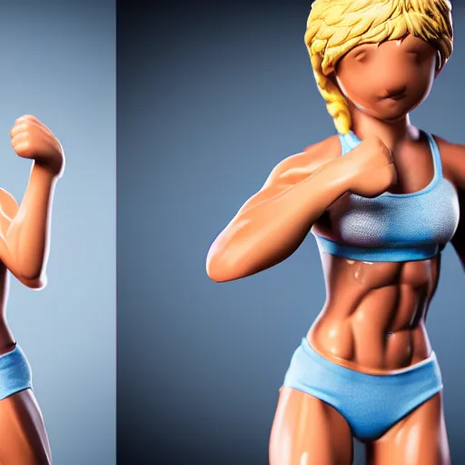 Image similar to hyper realistic full figure of a cute sporty girl, athletic body, six pack, abs, concentrated look, cute smile, highly detailed, detailed face and eyes, blonde, blue eyes, volumetric lighting, 8 k, art photography, sport photography, intricate detailing, award winning, textured skin, symmetric face