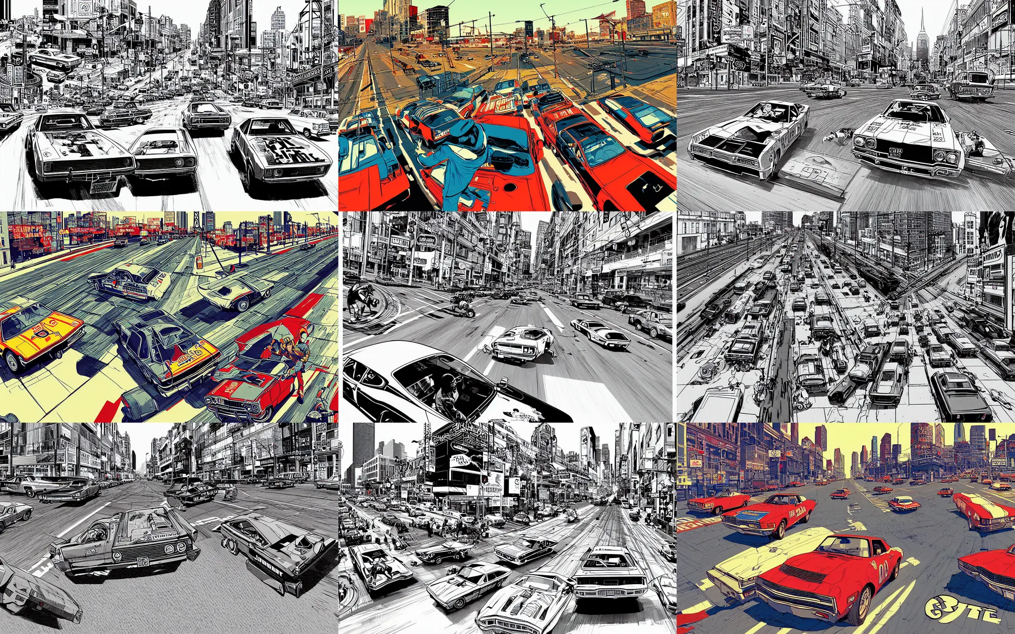 Prompt: stunt driver racing bullit through san francisco in 1 9 7 0, 3 point perspective, quentin tarantino action shot, gta 3 illustration by james jean
