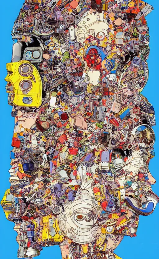 Image similar to a colorful illustration of the end of human species surpressed by artificial intelligence in style of katsuhiro otomo