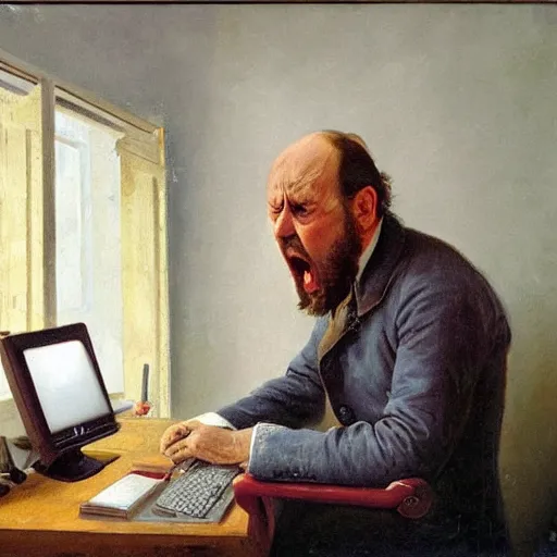 Image similar to an angry man yells at his computer monitor, oil on canvas, 1 8 8 3, highly detailed