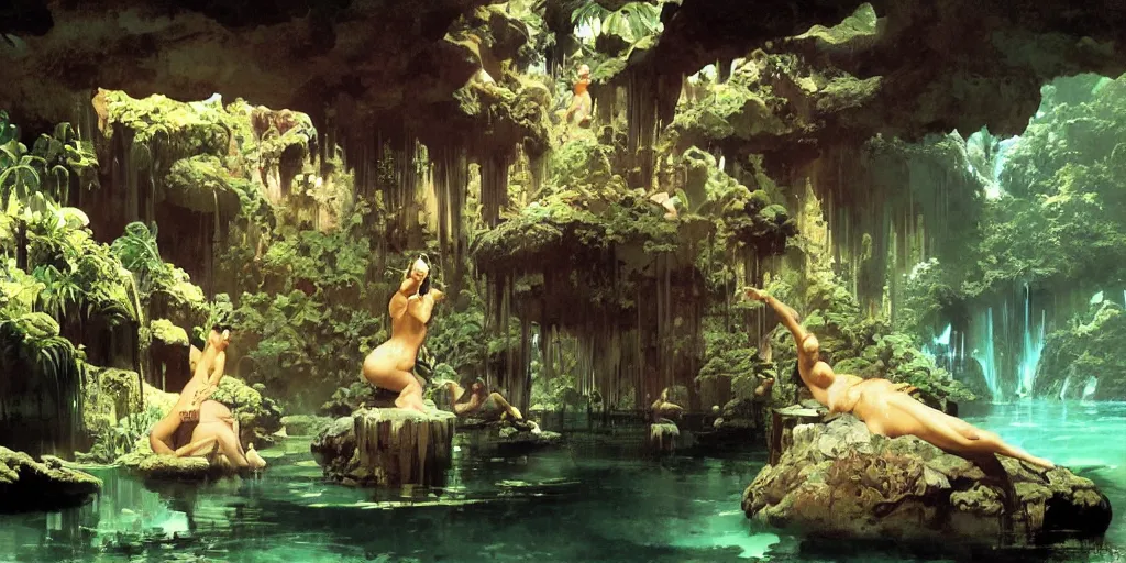 Image similar to a tropical cave that renovate as a luxury interior as several beautiful women bathe in the waters by syd mead, frank frazetta, ken kelly, simon bisley, richard corben, william - adolphe bouguereau, detailed sci - fi architectural concept art