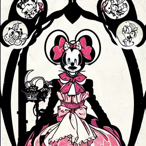 Image similar to anime manga skull portrait minnie mouse disney cartoon skeleton illustration style by Alphonse Mucha pop art nouveau