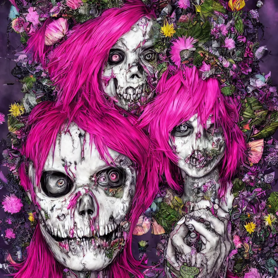 Prompt: ultra realistic portrait of a punk rock zombie with pink crystalline hair made out of flowers and fruit, vanitas, multicolored background, vivid colors, dramatic lighting, intricately detailed, photorealistic, frank frazetta, epic lighting, whimsical