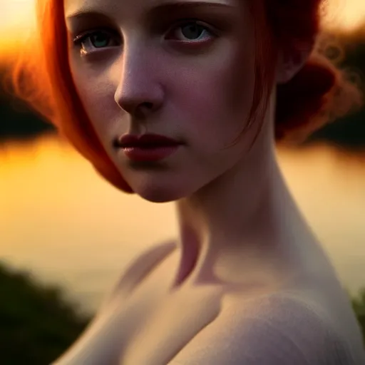 Image similar to photographic portrait of a stunningly beautiful alluring seductive english renaissance female in soft dreamy light at sunset, beside the river, soft focus, contemporary fashion shoot, in a denis villeneuve and tim burton movie, by edward robert hughes, annie leibovitz and steve mccurry, david lazar, jimmy nelsson, extremely detailed, breathtaking, hyperrealistic, perfect face, octane render