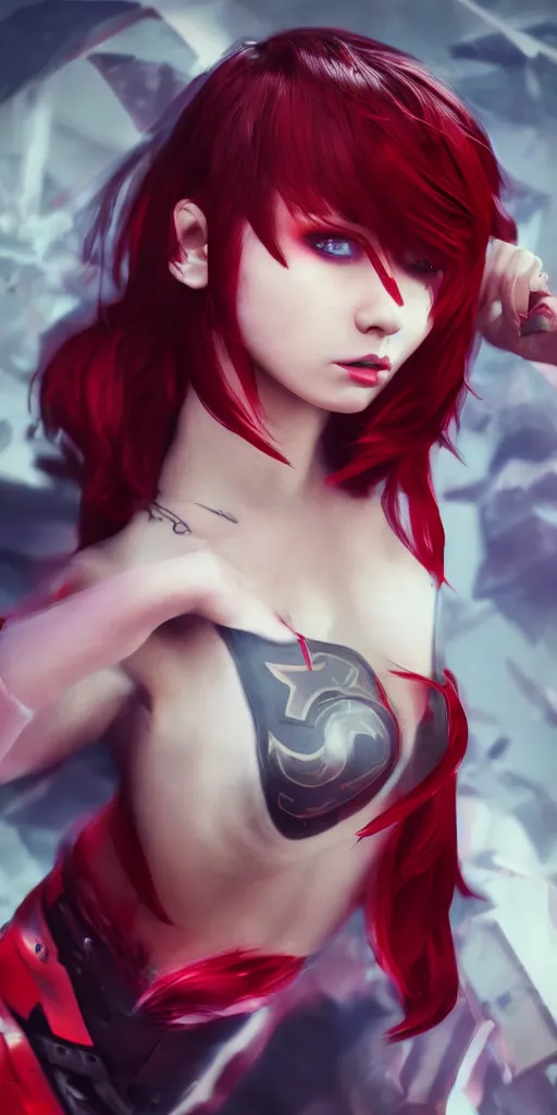 Image similar to a girl with short red hair, cool, vi from arcane, league of legends, fighter, cool red jacket, tattoo, beautiful, 3 d, potrait, art staion, studio light, closeup shot, octane render, wlop, realistic, neon