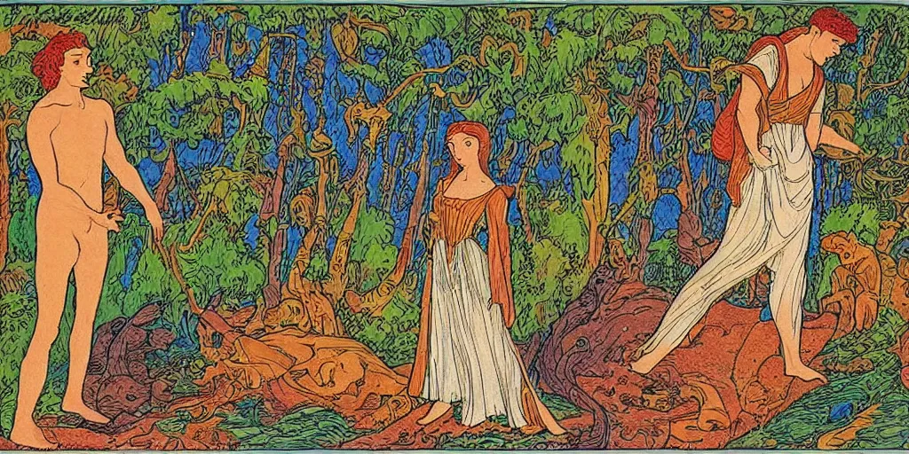 Image similar to a young couple who moved to another planet, hot weather, full growth, by Ivan Bilibin, Russian fairytales illustration