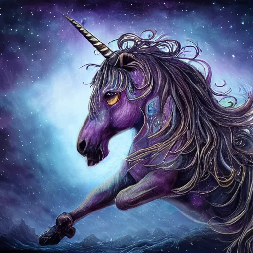 Prompt: a wlop 3 d render of very very very very highly detailed beautiful mystic portrait of a phantom undead unicorn with whirling galaxy around, tattoos by anton pieck, intricate, extremely detailed, digital painting, artstation, concept art, smooth, sharp focus, illustration, intimidating lighting, incredible art,