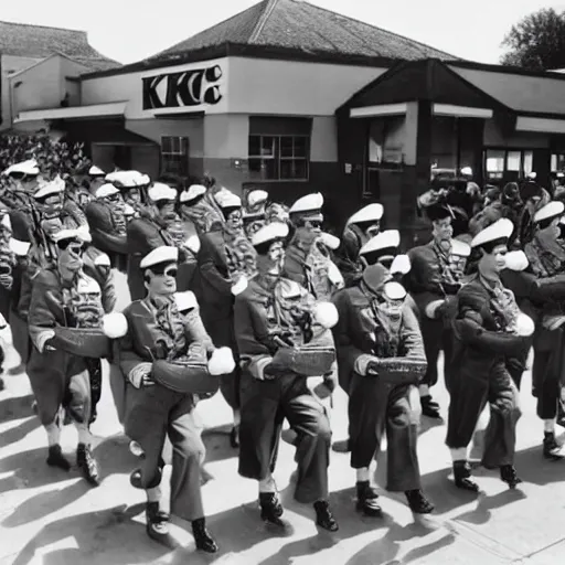 Image similar to a line of soldiers marching into kfc in a single file line, in the style of a 1940's cartoon.