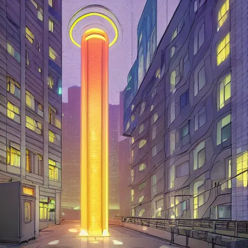Prompt: glowing sci-fi building in a pleasant urban setting in style of Hiroshi Yoshida