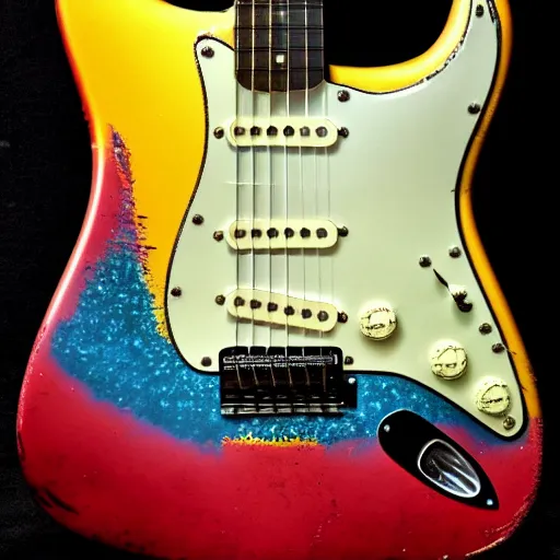 Prompt: sunburst relic stratocaster style guitar, blue, red, and yellow sunburst body, ssh, roasted relic maple neck, in a vintage studio on an old dusty sofa, ultra detailed, cinematic, 4 k