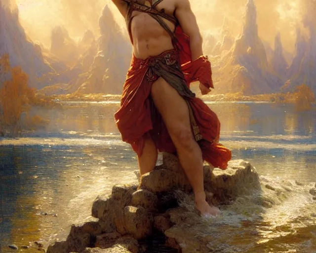 Image similar to attractive male wizard casting powerful giant tsunami spell in a beautiful lake. highly detailed painting by gaston bussiere, craig mullins, j. c. leyendecker 8 k