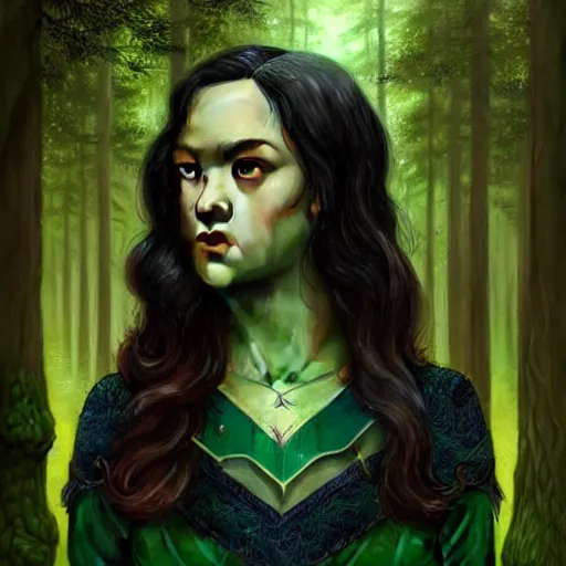 Image similar to gorgeous Jade Tailor (The Magicians TV show), realistic character concept, black hair, symmetrical face symmetrical eyes, green dress, forest, trees, medium shot, shorter neck, illustration, cinematic lighting, artgerm, Tom Bagshaw, Norman Rockwell, insanely detailed and intricate, beautiful