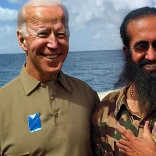 Image similar to ultra realistic candid photograph from osama bin laden with joe biden in bahamas, intricate details, face details