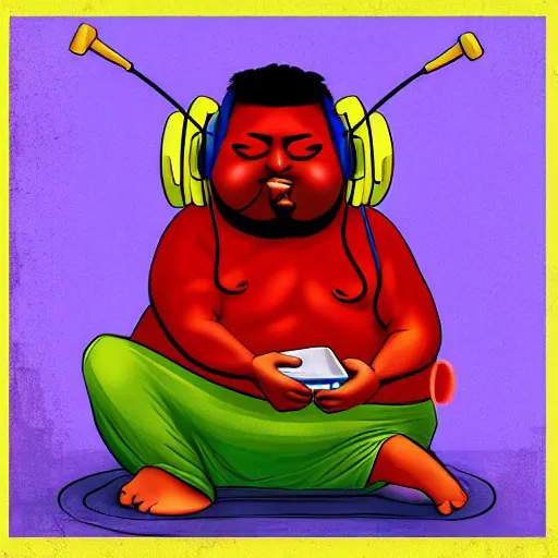 Image similar to sri lankan fat man with headphones playing games, digital art