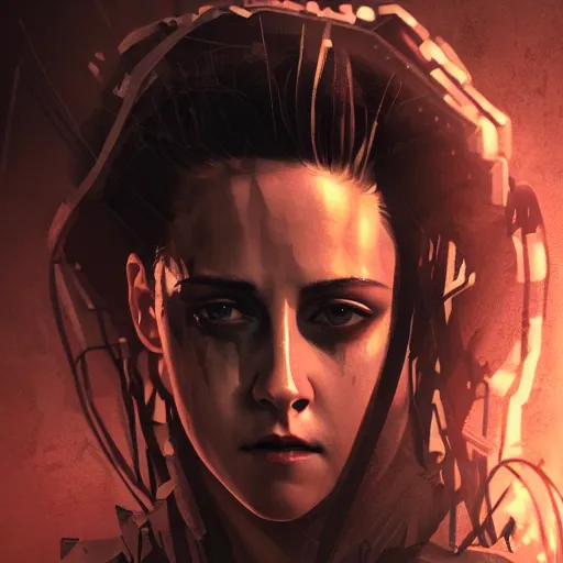 Image similar to kristen stewart portrait, dystopia core, apocalyptic, armor, warrior, dramatic, sharp focus, fiction, neon, fantasy, hyper detailed, digital art, trending in artstation, cinematic lighting, studio quality, smooth render, unreal engine 5 rendered, octane rendered, art style and nixeu and wlop and krenz cushart