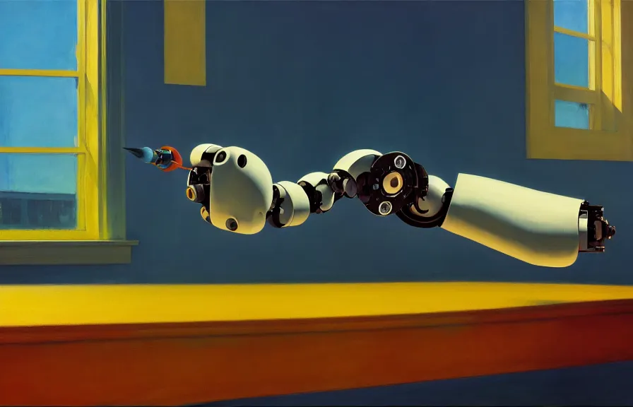 Prompt: beautiful illustration of a robotic arm painting with a paintbrush on a canvas by Edward Hopper, clean lines, very detailed, colorful octane render