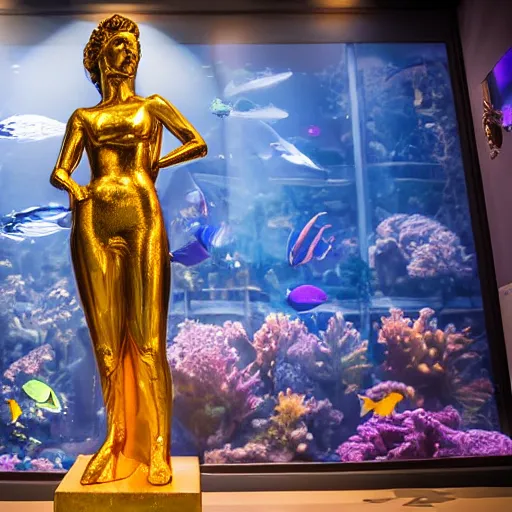 Image similar to a golden statue of a princess near a aquarium, studio lighting, award-winning photograph