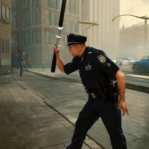 Image similar to a police officer throwing toilet paper and plunger for a baton, ultra realistic, concept art, intricate details, highly detailed, photorealistic, octane render, 8 k, unreal engine, art by frank frazetta, simon bisley, brom