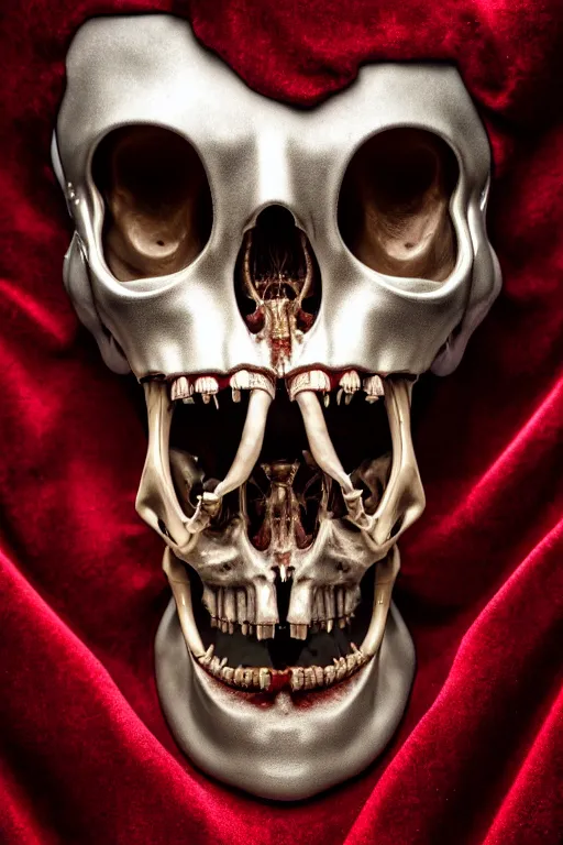 Image similar to a human mandible made with chrome, metallic sculpture, layed on a red velvet fabric, by hedi xandt and antonio corradini, vivaldi and emil melmoth macabre art, dark surrealism, epic and cinematic view, volummetric light, texturized, detailed, 8 k