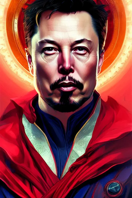 Image similar to elon musk as dr strange, realistic portrait, symmetrical, highly detailed, digital painting, artstation, concept art, smooth, sharp focus, illustration, cinematic lighting, art by artgerm and greg rutkowski and alphonse mucha