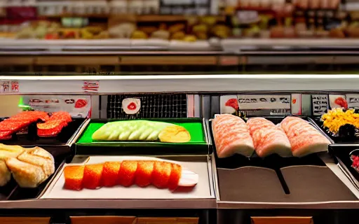 Image similar to A small wooden stand selling sushi stands in a large supermarket that sells groceries, cinematic lighting, commercial photography