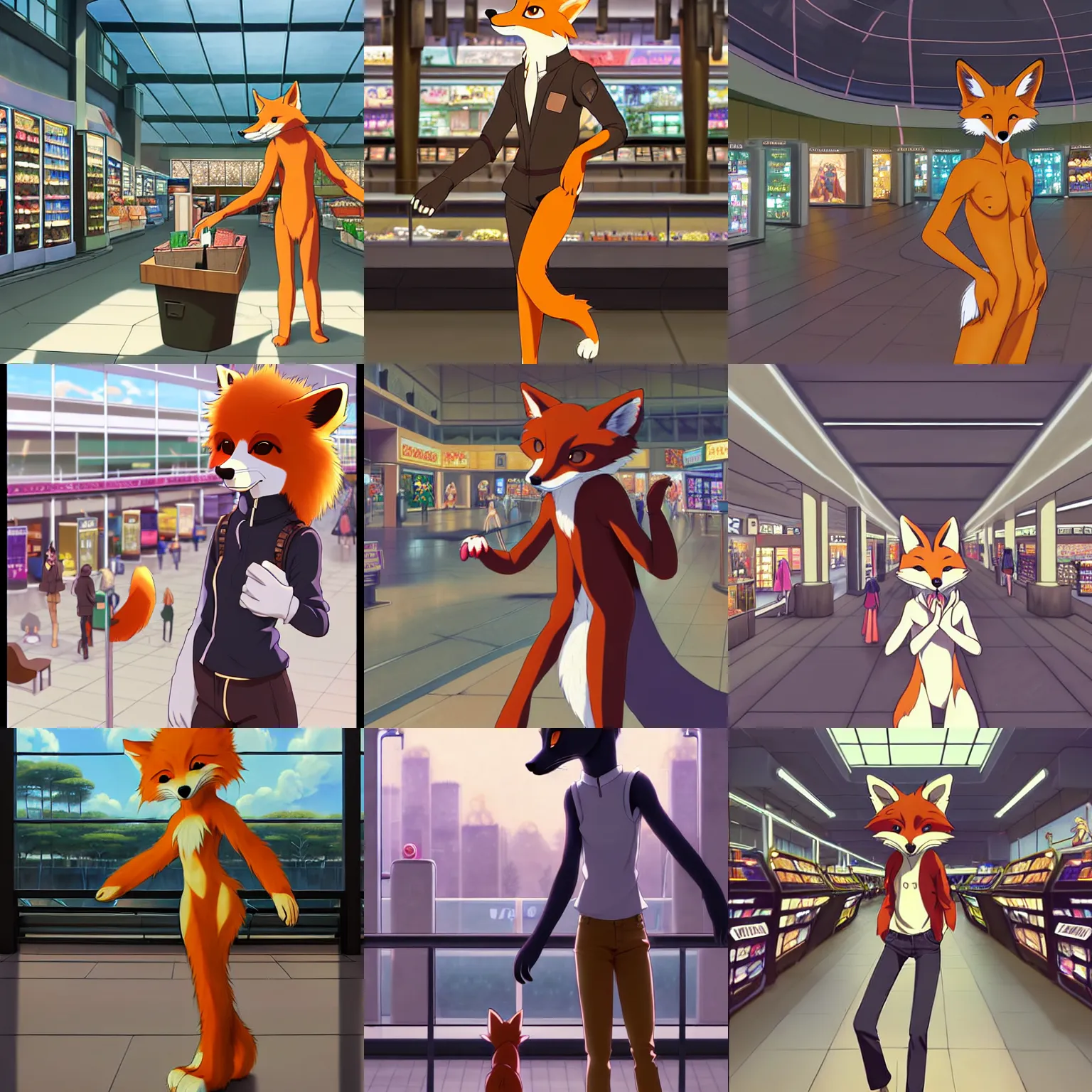 Prompt: anthro art commission of an anthropomorphic natural furry ( ( fox ) ) person shopping at a futuristic mall, photorealistic, key anime art, makoto shinkai, james gurney, don!!!! bluth!!!!, disney, hibbary, dark natasha, goldenwolf, furaffinity, fursona