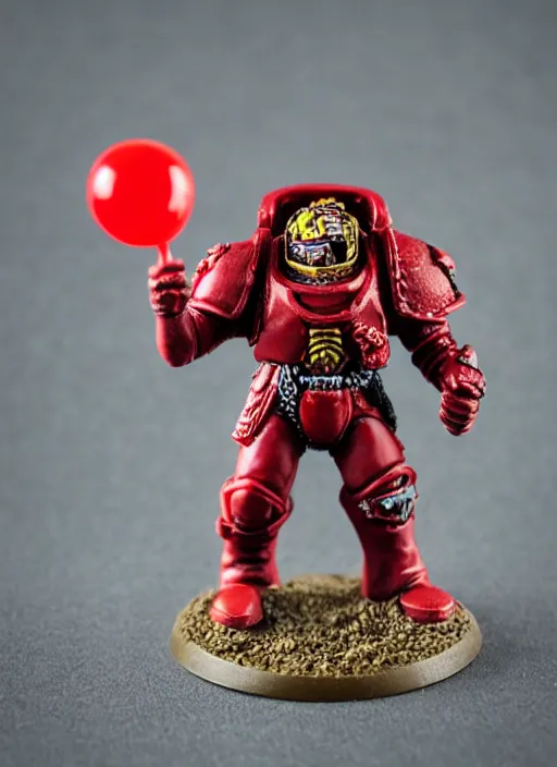 Image similar to 8 0 mm resin detailed miniature of a warhammer 4 0 k space marine holding a red balloon in one hand and a hamburger in the other, product introduction photos, 4 k, full body,