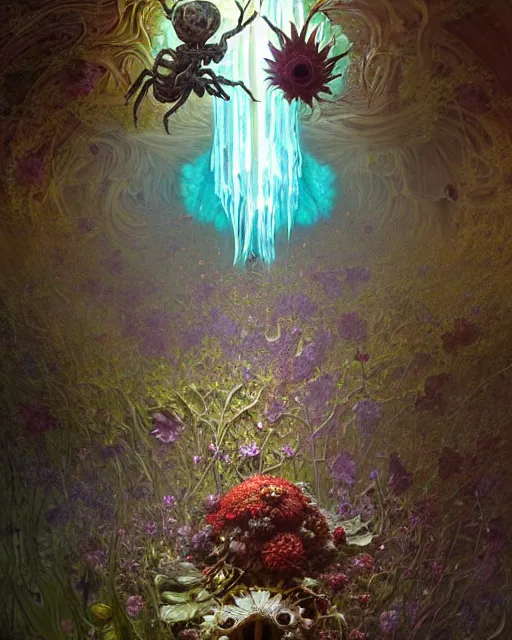 Image similar to the platonic ideal of flowers, rotting, insects and praying of cletus kasady carnage davinci dementor chtulu mandelbulb mandala ponyo the last of us dinotopia the witcher, fantasy, ego death, decay, dmt, psilocybin, concept art by greg rutkowski and simon stalenhag and alphonse mucha