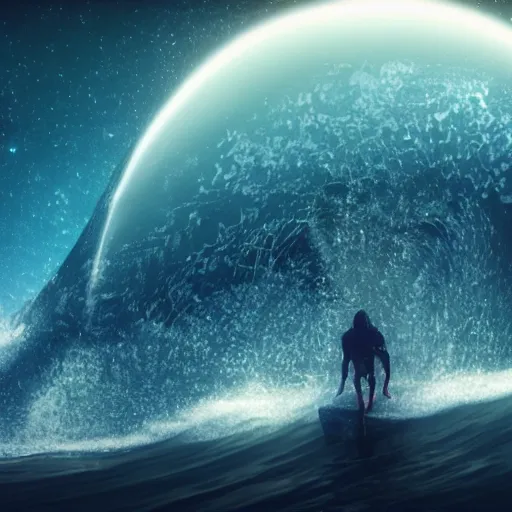 Image similar to photo of a alien surfing a surfboard on a crashing l wave of alien ocean in space, background is an alien galaxy, aliens in the background, alien colors, octane render, unreal engine, wide view, 8 k, high detaild