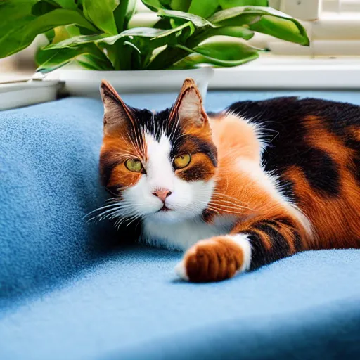 Image similar to old calico cat laying in the sun on thin blue cushion in bay window next to potted plants, professional photography