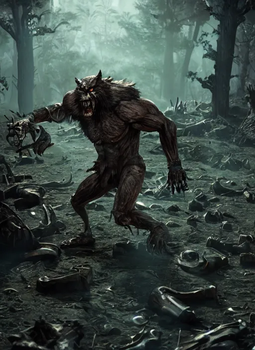 Prompt: a muscular werewolf fighting an endless army of skeletons, ultra detailed fantasy, elden ring, realistic, dnd, behance hd, artstation, global illumination radiating a glowing aura global illumination ray tracing hdr render in unreal engine 5